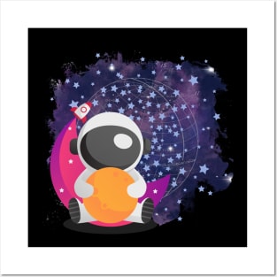 Cute Astronaut on a Pink Moon Space Travel Rocket Stars Posters and Art